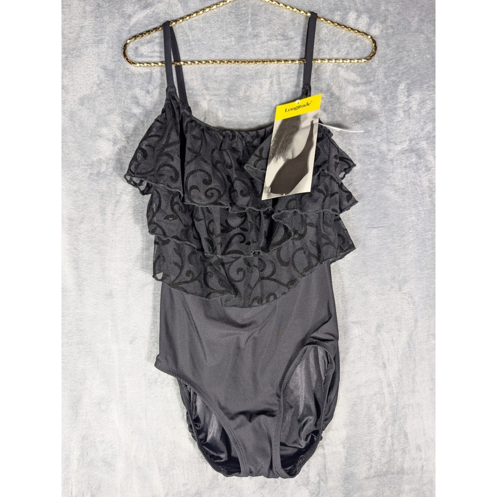 NWT Longitude One Piece Swimsuit Black Ruffle Tummy Control Long Torso Size‎ 12